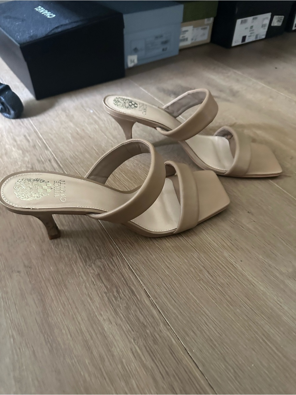 Vince Camuto Nude Double-Strap Square Toe Mid Heel Mules